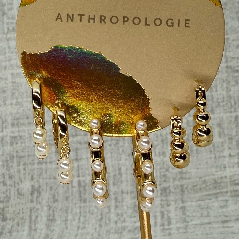 NWT Anthropologie 14k Gold Plated Mini Pearl Hoop Earring, Set of 3 - Picture 1 of 5